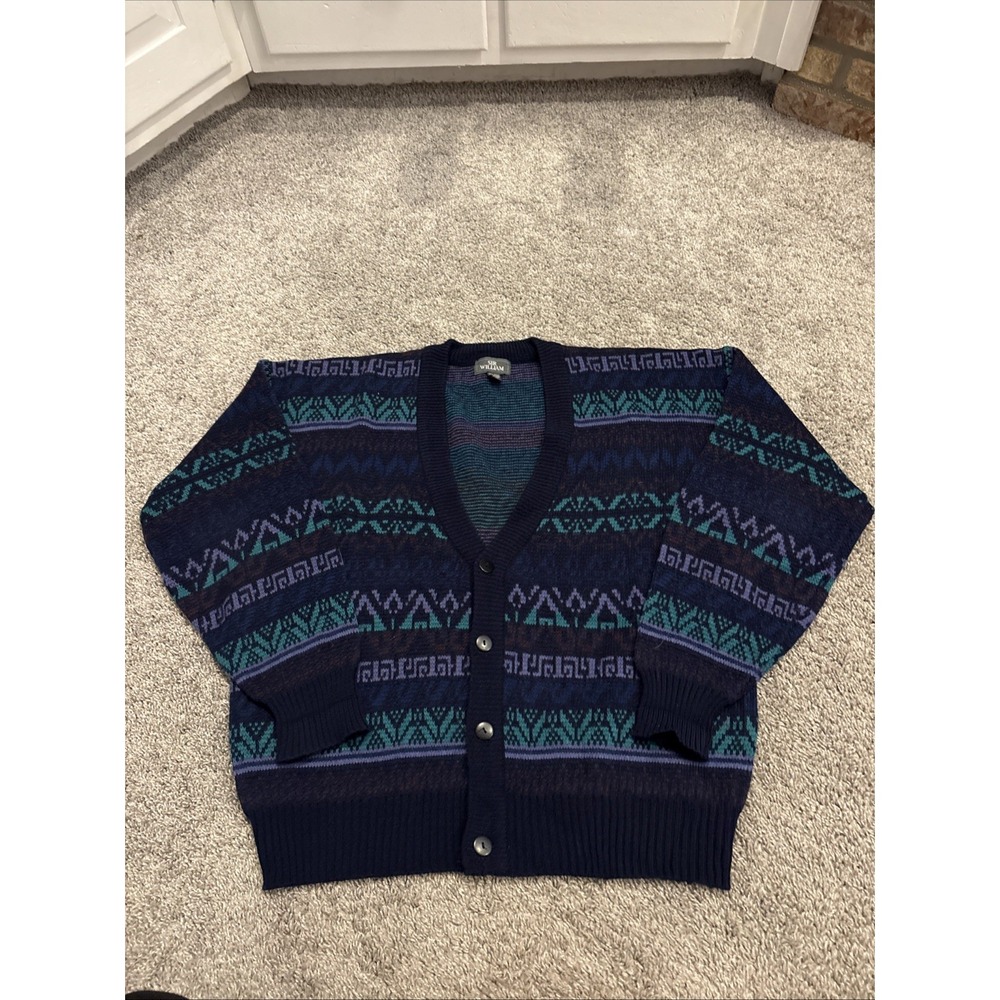 Vintage Cardigan Grandpa Core Sweater Mens Green Geometric Grunge XL Acrylic